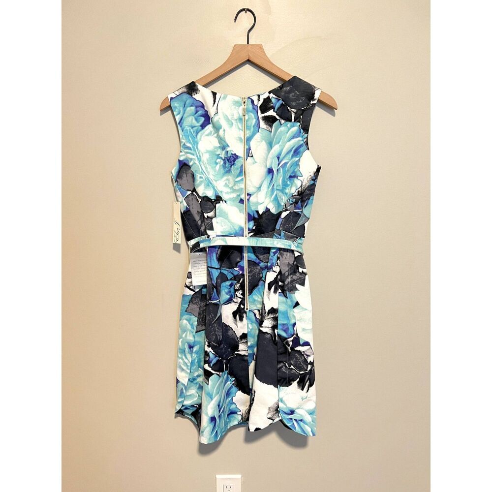 NWT Eliza J Faille Sheath Belted Floral Blue Mini Dress Pockets Women's Size 6 - Picture 2 of 12